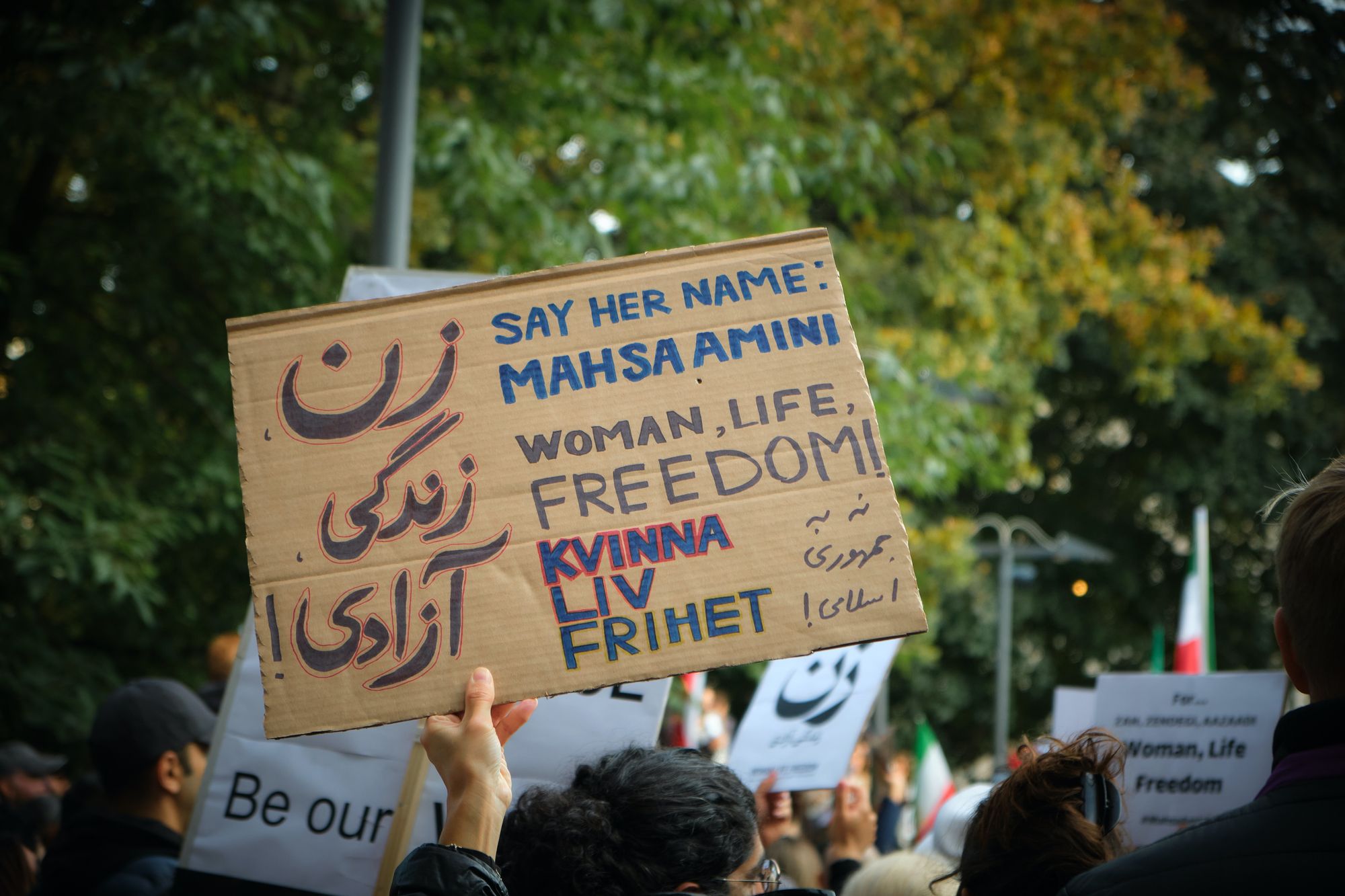 Iranian protests: a person holding a board that says "Say her name: Mahsa Amini. Woman. Life. Freedom. Kvinna Liv. Frihet